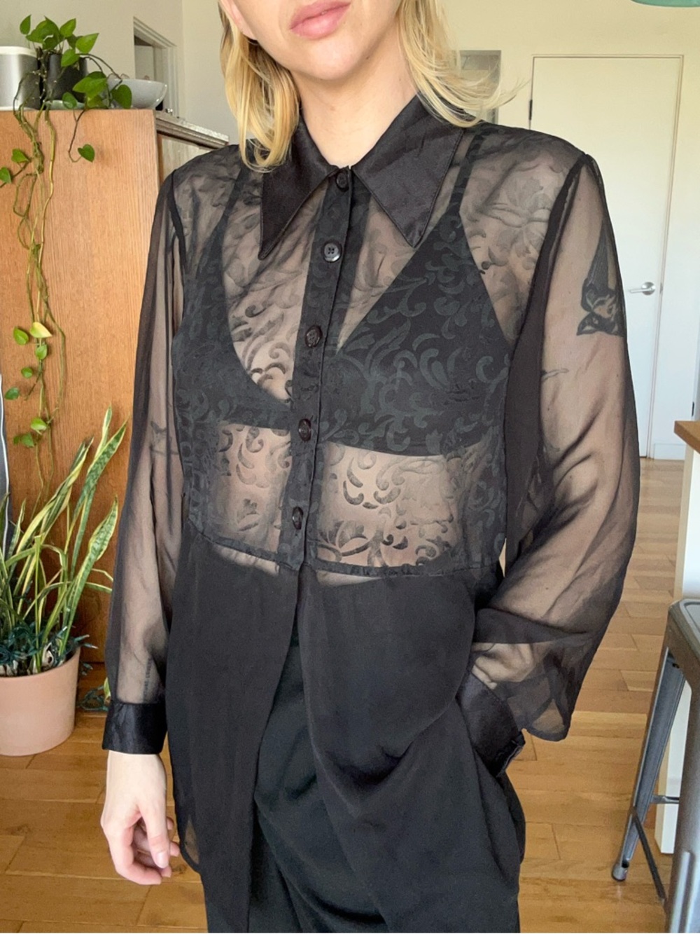 Vintage, Sheer Black Button-Up Blouse - Elegant Women's Top